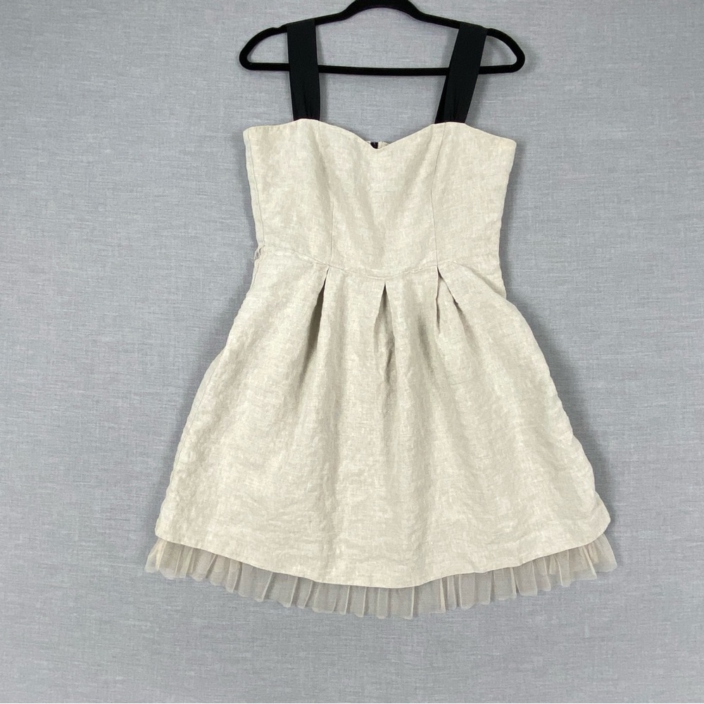 Kensie Linen Mini Dress Sz 10 Beige with Black Straps